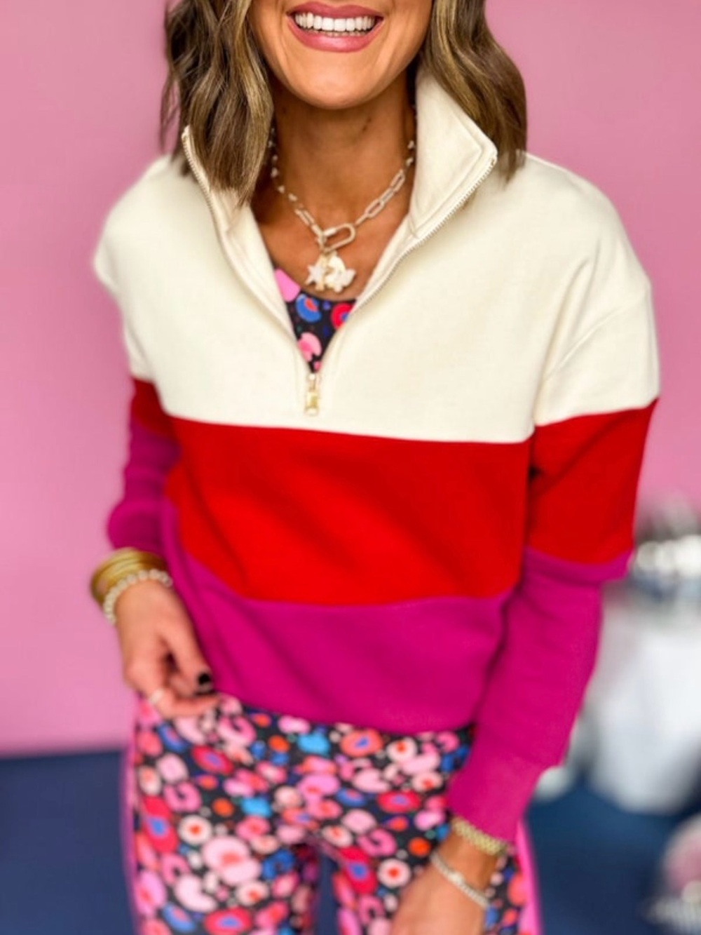 SSYS Colorblock 1/4-Zip Sweatshirt Top in Cream, Red & Pink Large